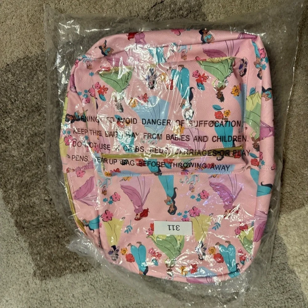 Disney Princess Pink Faux Leather Backpack Ariel Tiana Jasmine Snow White‎ NEW